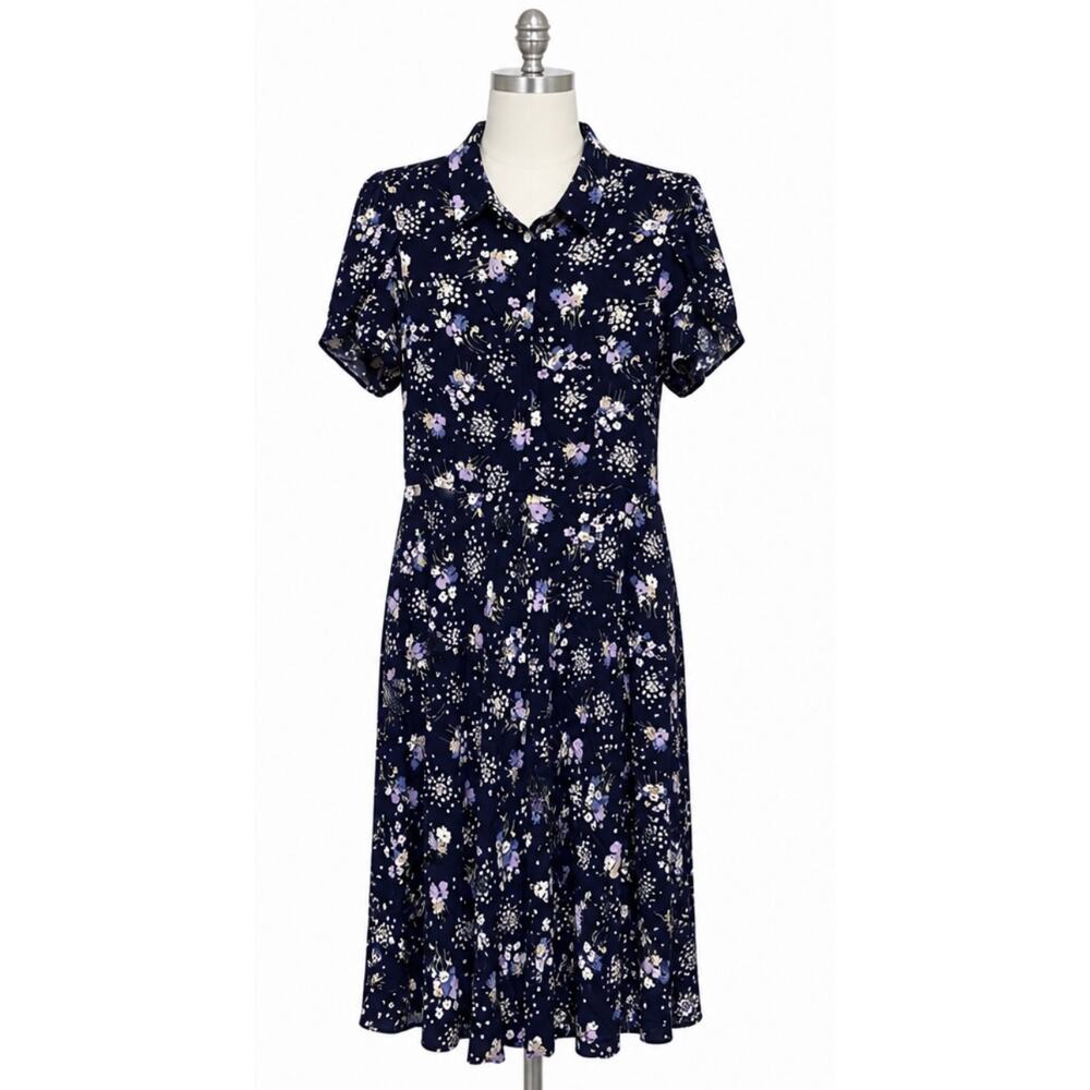 Chaps Navy Blue Floral Button Front Maxi Dress - Size Medium